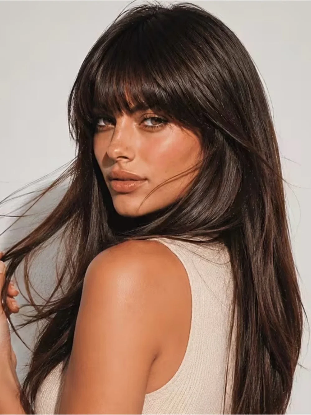 Classic Long Layered Wig with Blunt Bangs - Chocolate Brown